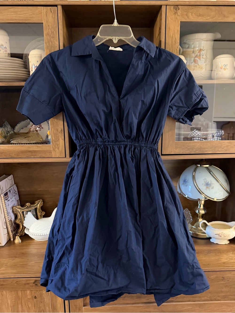 A Loves A Navy Blue Cotton Poplin Fit & Flare Mini Dress Smocked Waist S/M